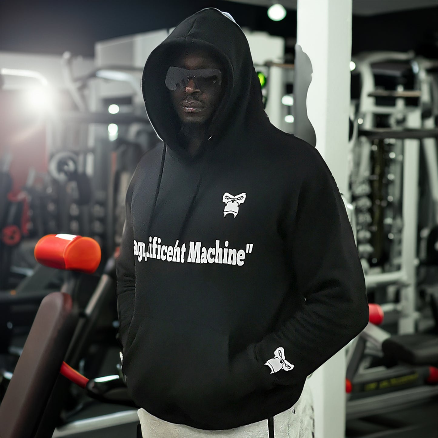 "Magnificent Machine"Fleece Pullover Hoodie - Dark Charcoal/White