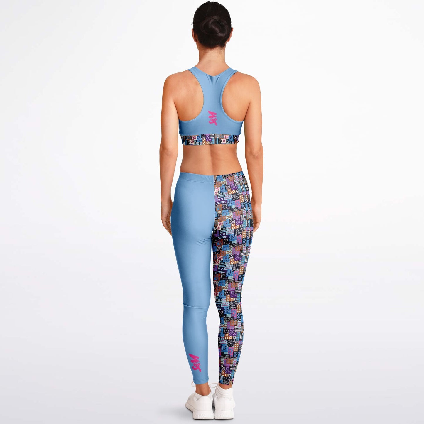 Padded Sports Bra & Leggings - Blue & Pink African Print