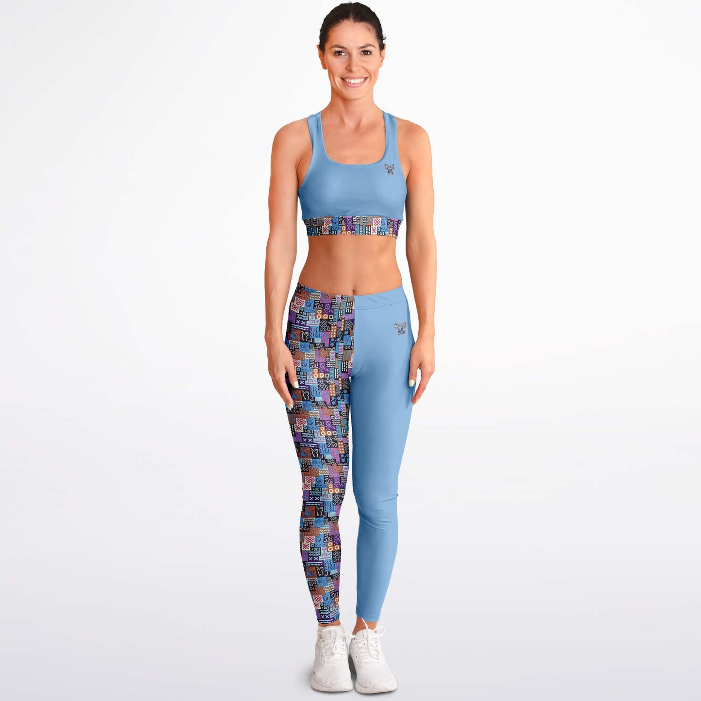 Padded Sports Bra & Leggings - Blue & Pink African Print