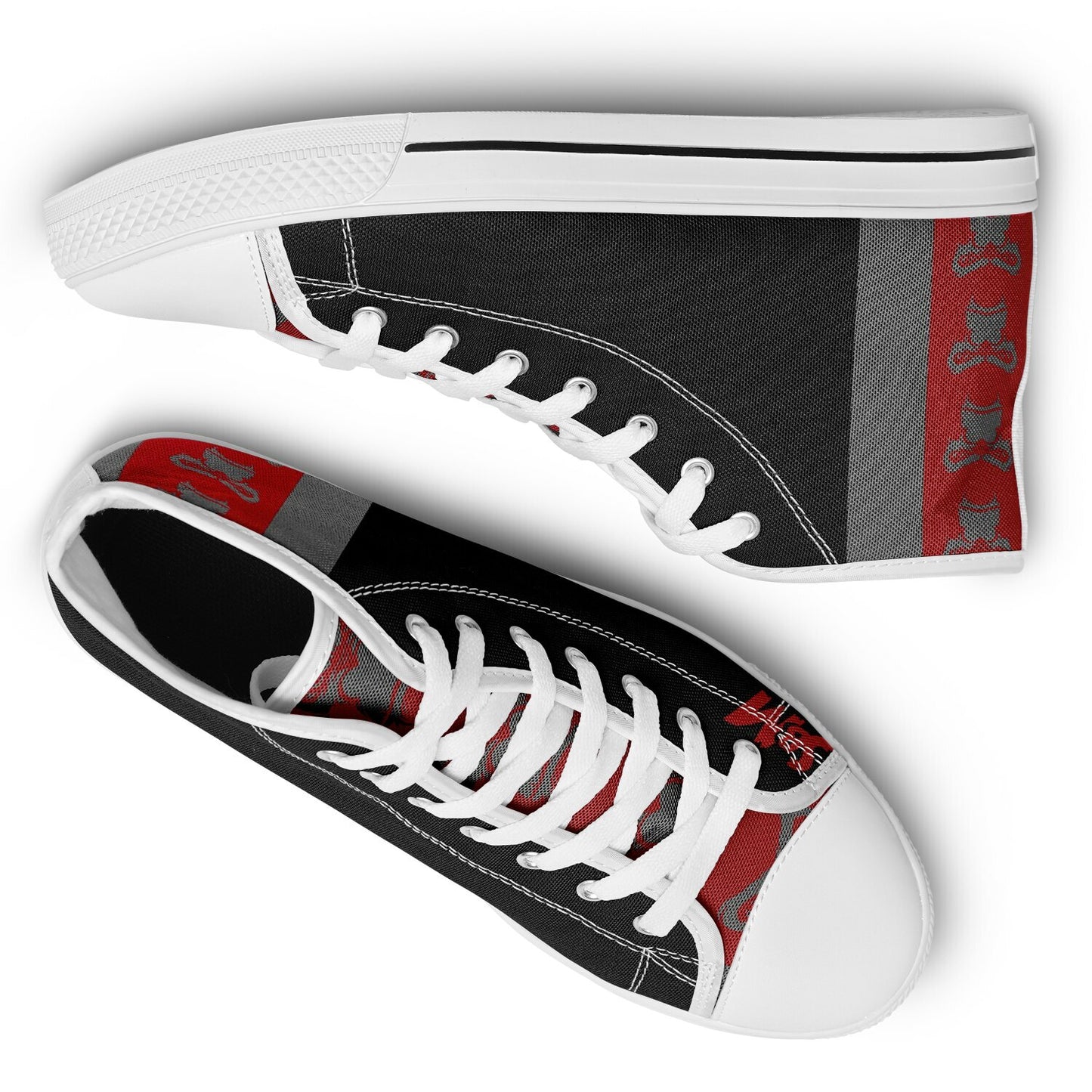 High Top Shoes - White on Black - Grey & Red