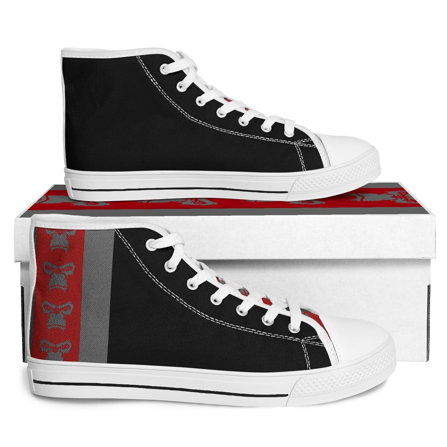High Top Shoes - White on Black - Grey & Red