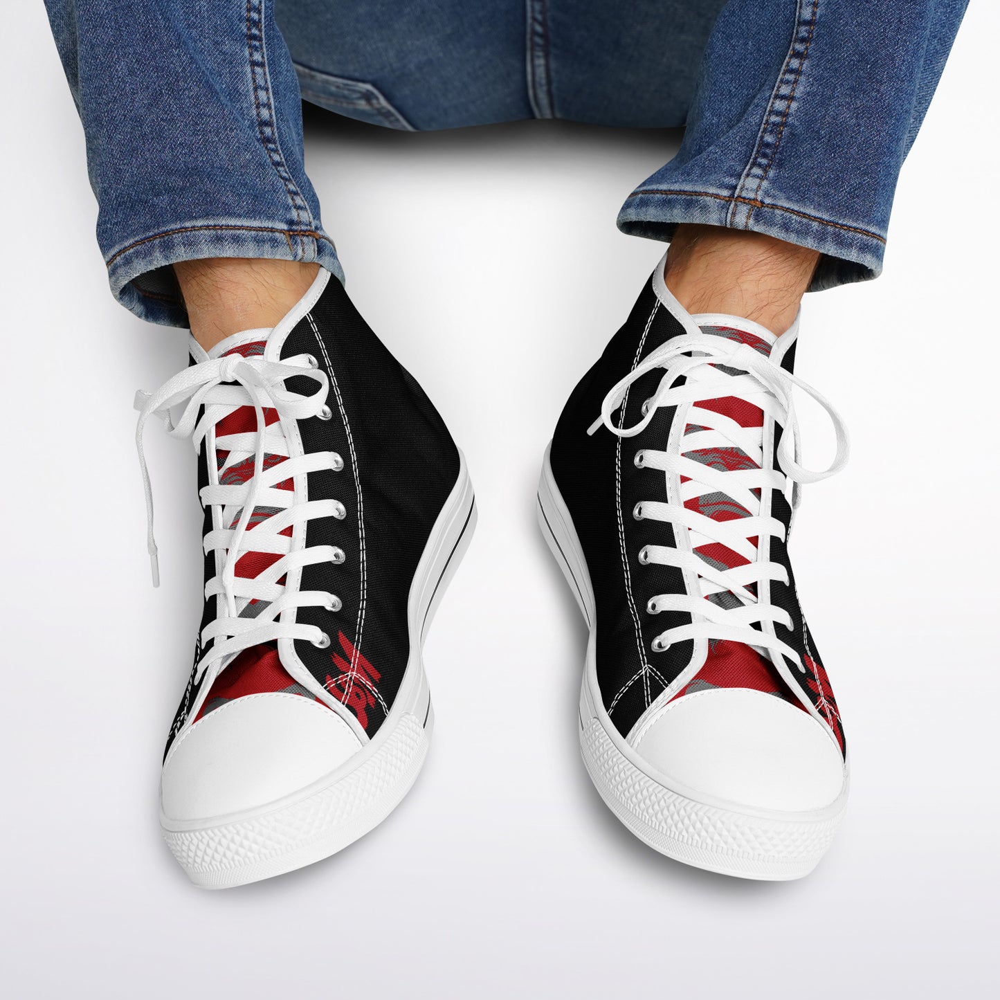 High Top Shoes - White on Black - Grey & Red