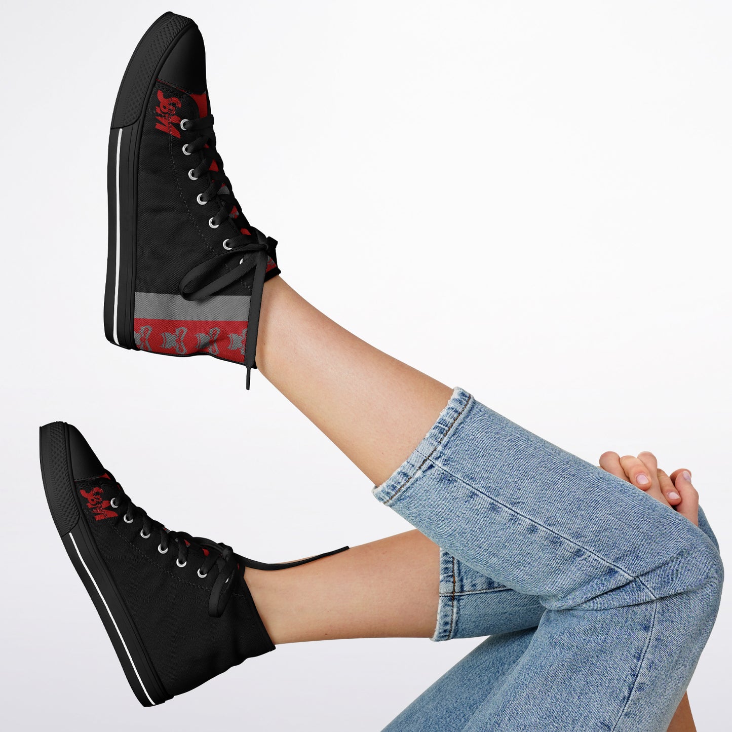 High Top Shoes - Black on Black - Grey & Red