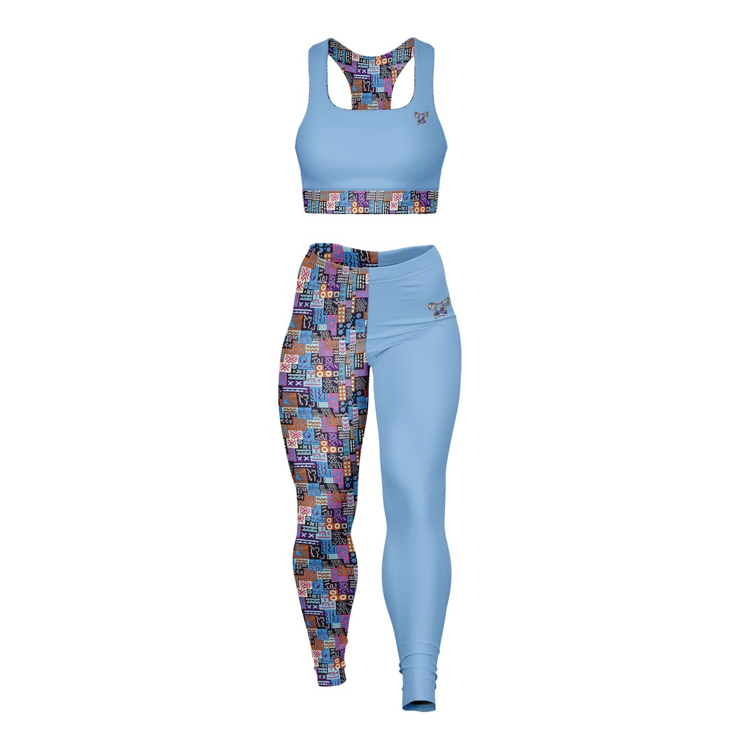 Padded Sports Bra & Leggings - Blue & Pink African Print