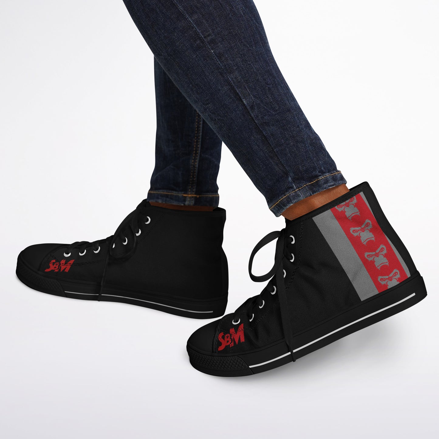 High Top Shoes - Black on Black - Grey & Red
