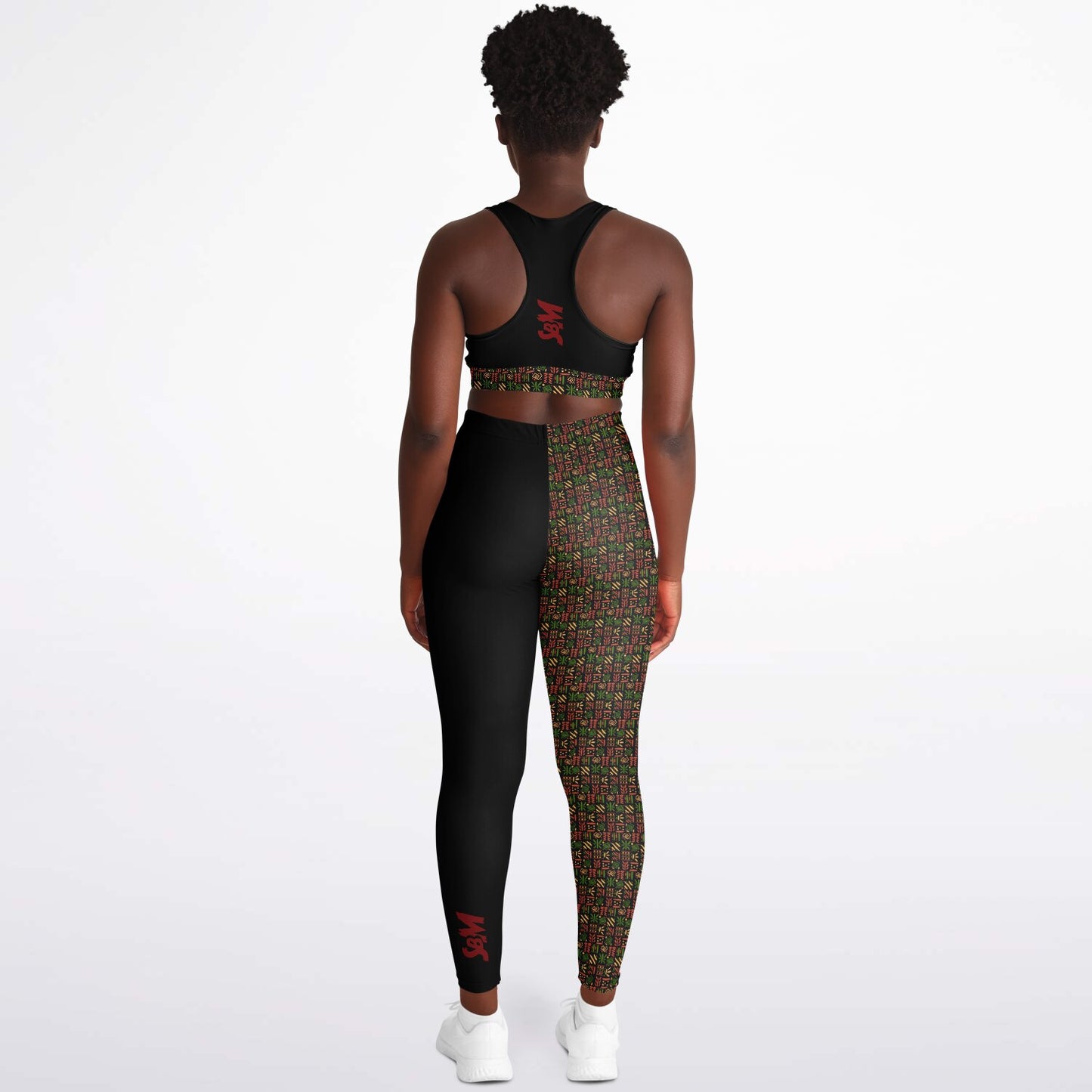 Padded Sports Bra & Leggings - Black & Red African Print