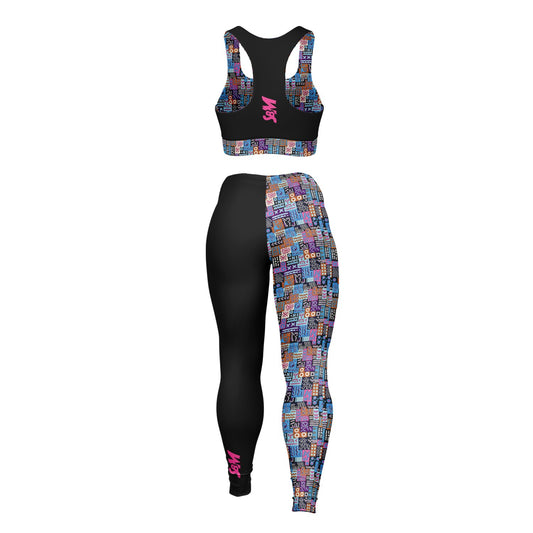 Padded Sports Bra & Leggings - Black & Pink with African Print