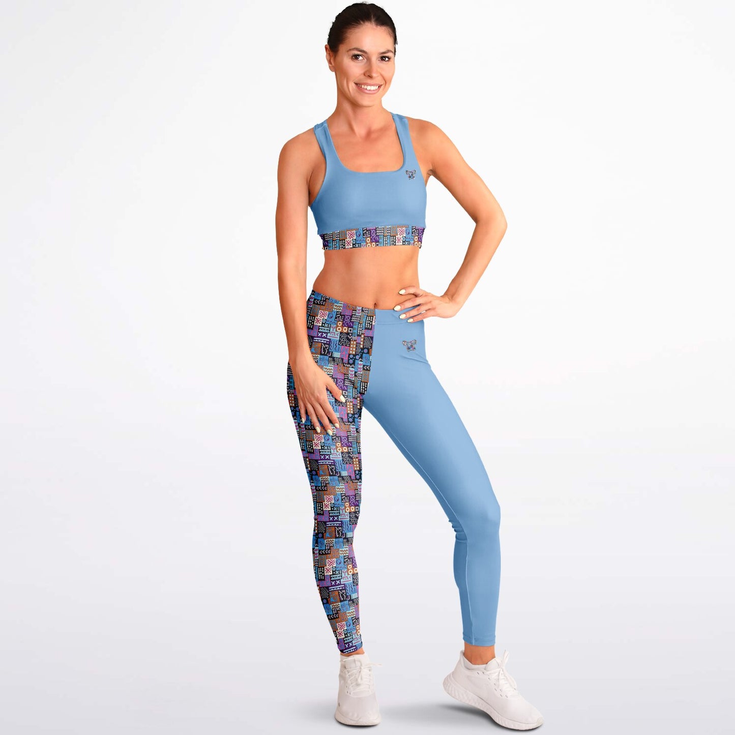 Padded Sports Bra & Leggings - Blue & Pink African Print