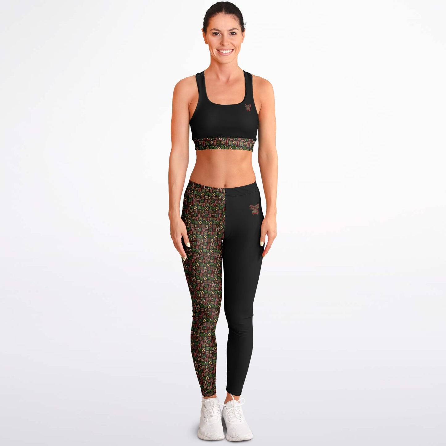Padded Sports Bra & Leggings - Black & Red African Print