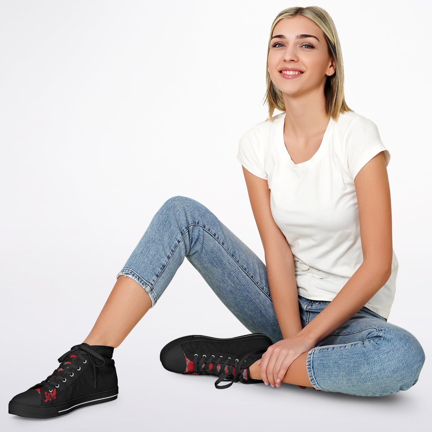 High Top Shoes - Black on Black - Grey & Red