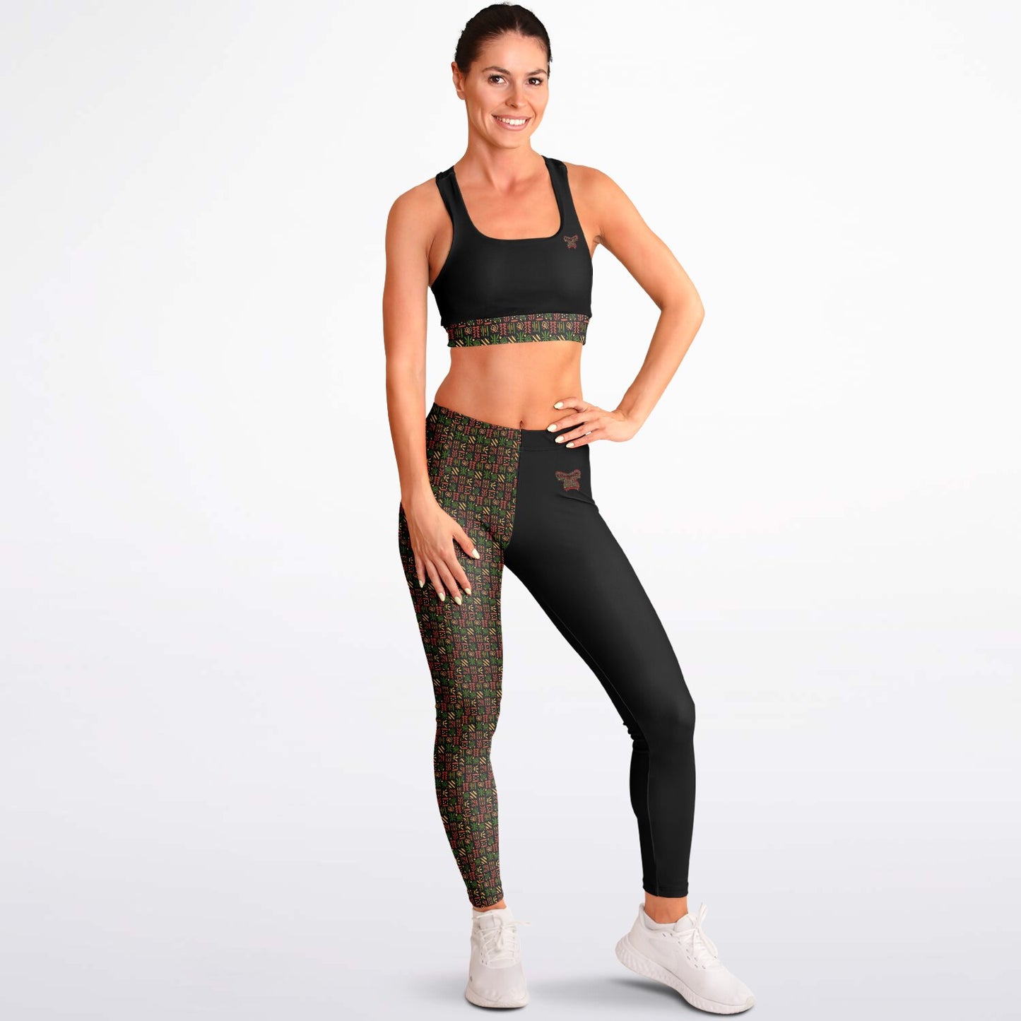Padded Sports Bra & Leggings - Black & Red African Print