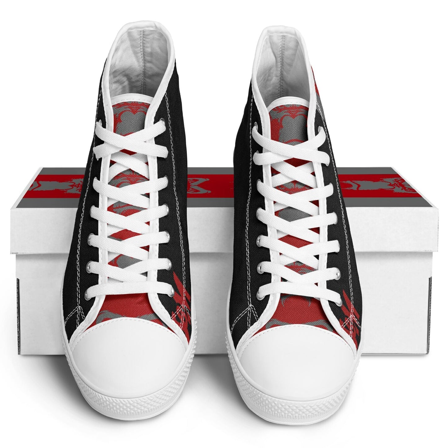 High Top Shoes - White on Black - Grey & Red