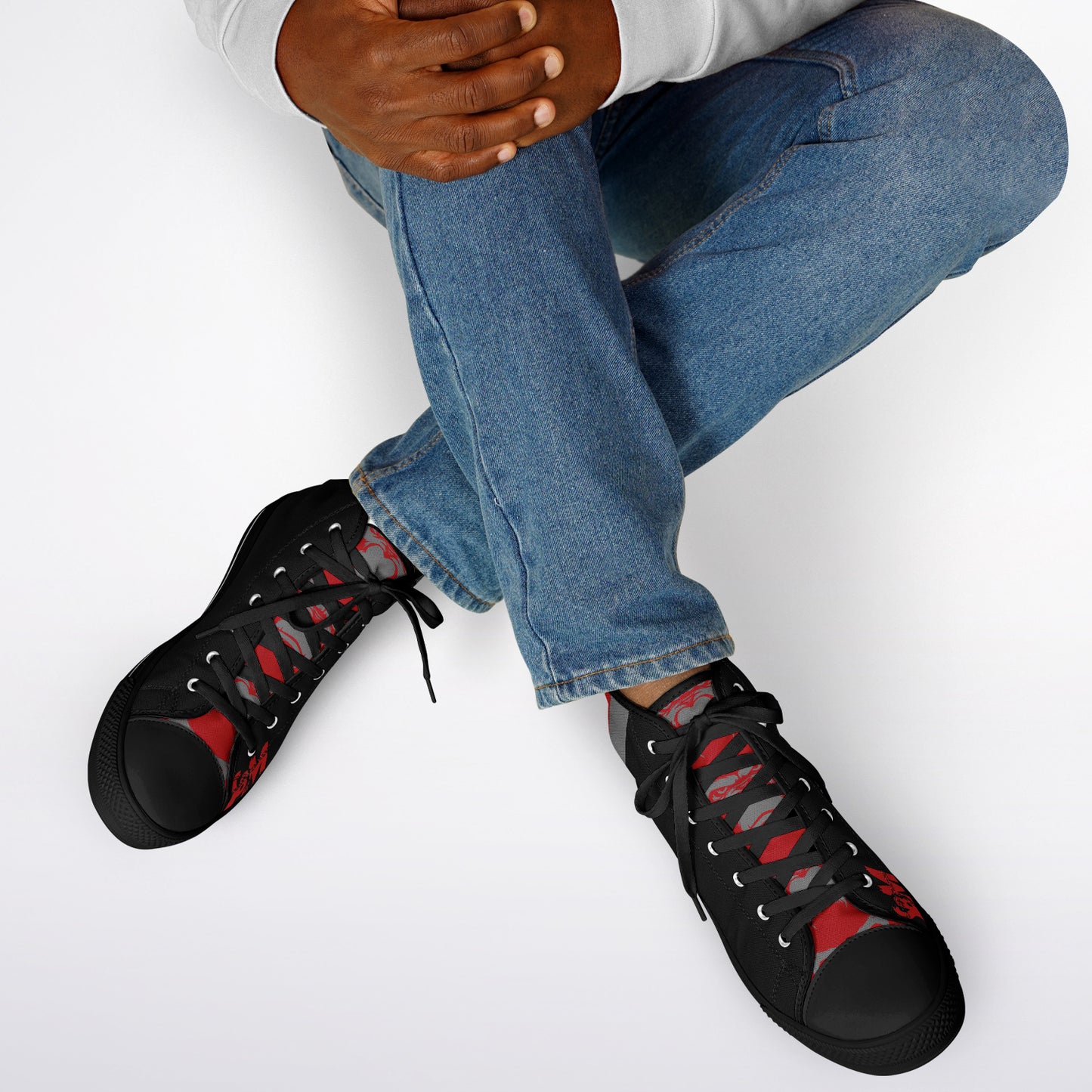 High Top Shoes - Black on Black - Grey & Red