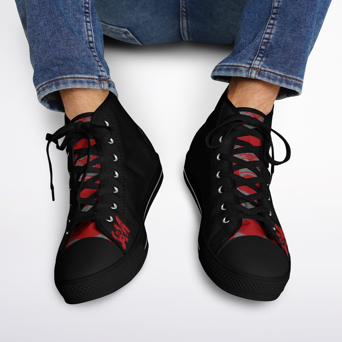 High Top Shoes - Black on Black - Grey & Red