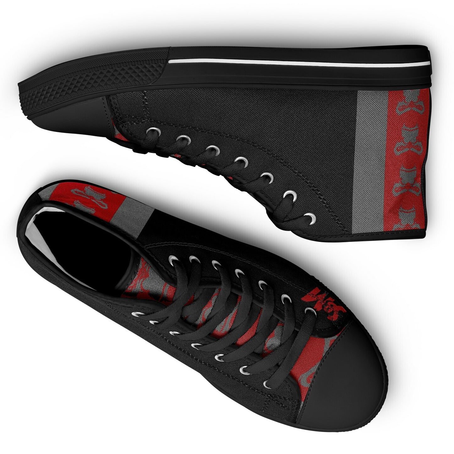 High Top Shoes - Black on Black - Grey & Red