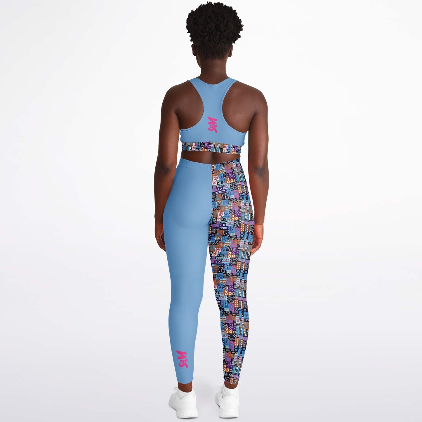 Padded Sports Bra & Leggings - Blue & Pink African Print