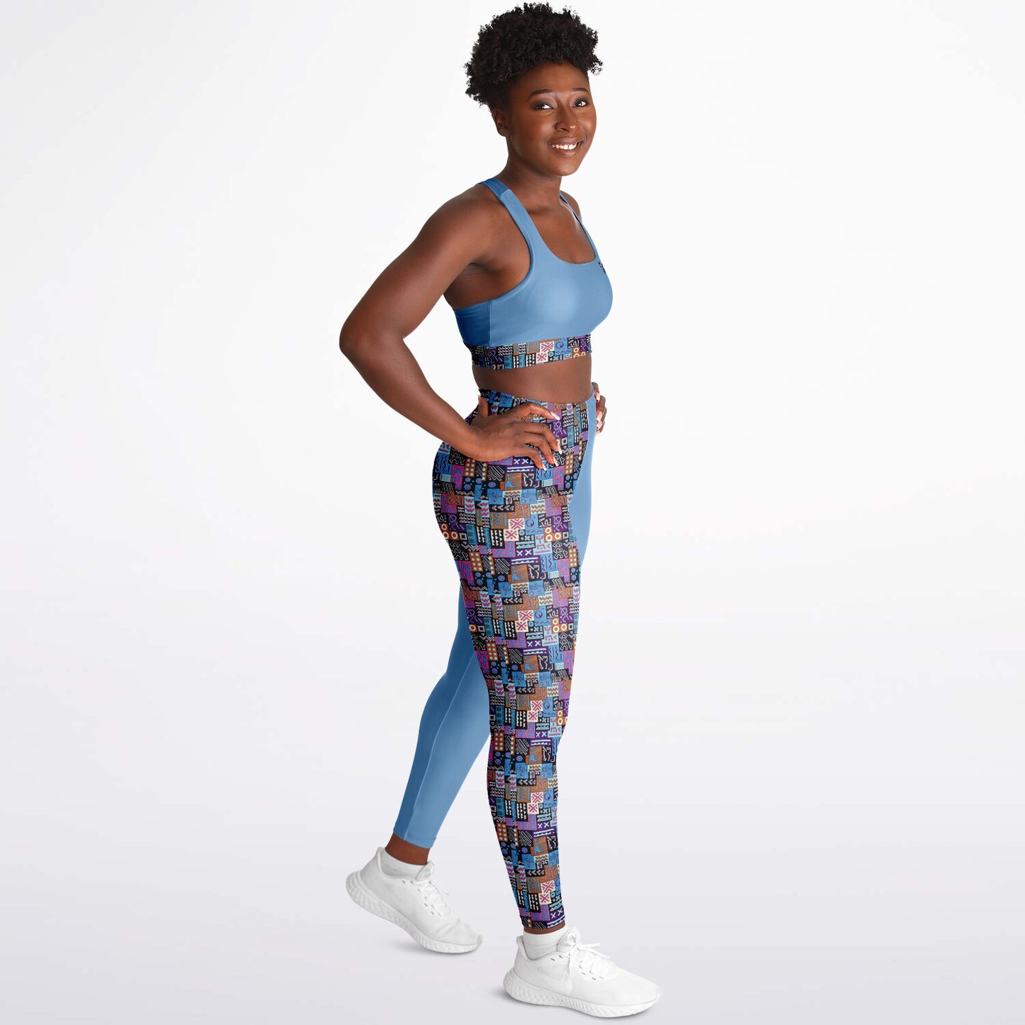 Padded Sports Bra & Leggings - Blue & Pink African Print