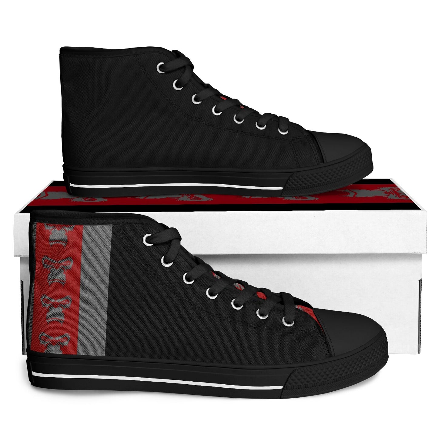 High Top Shoes - Black on Black - Grey & Red