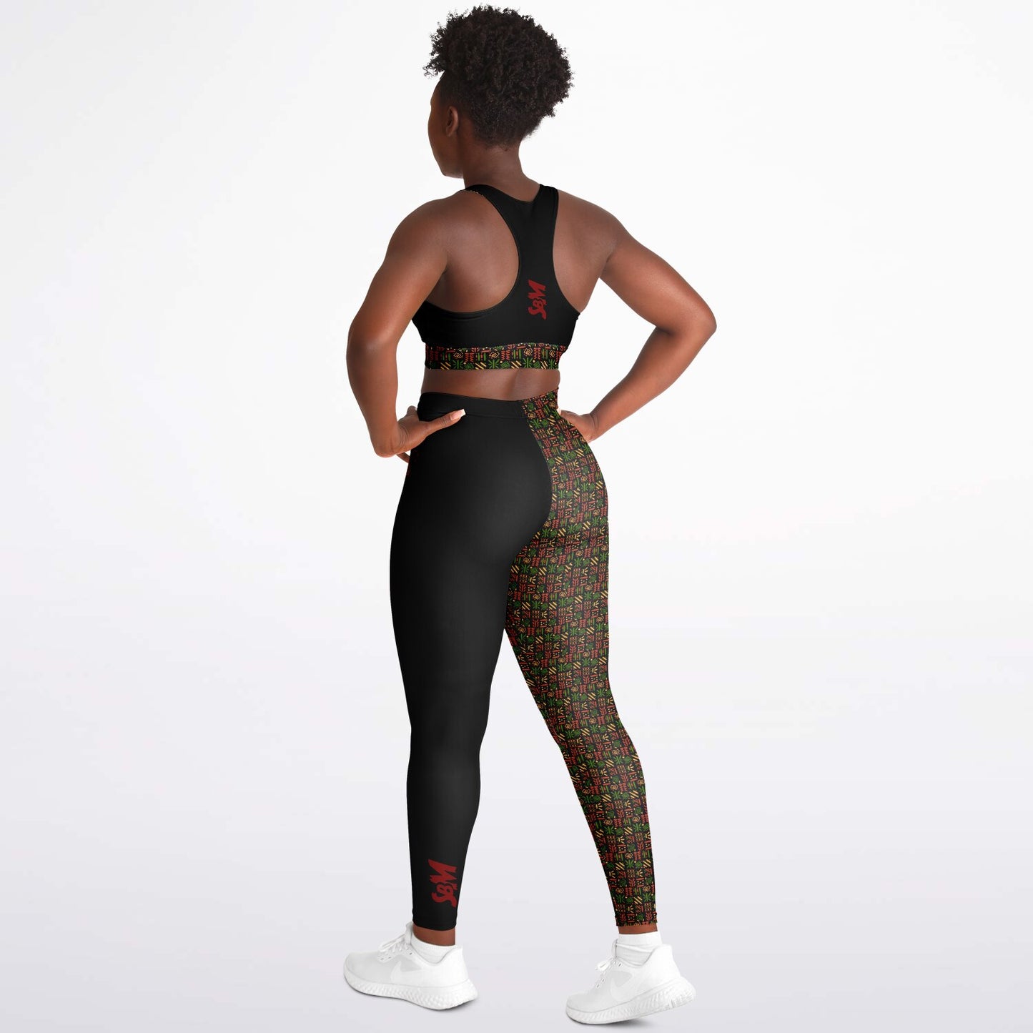 Padded Sports Bra & Leggings - Black & Red African Print