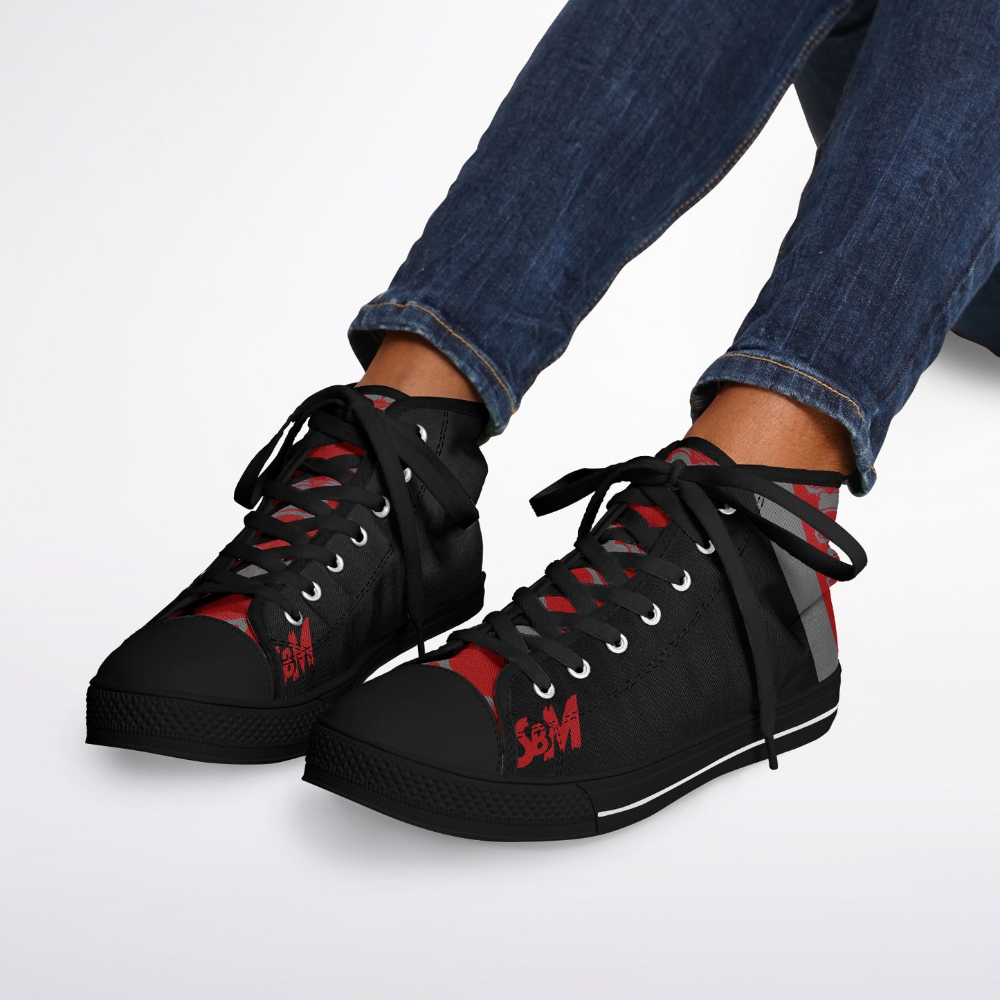 High Top Shoes - Black on Black - Grey & Red