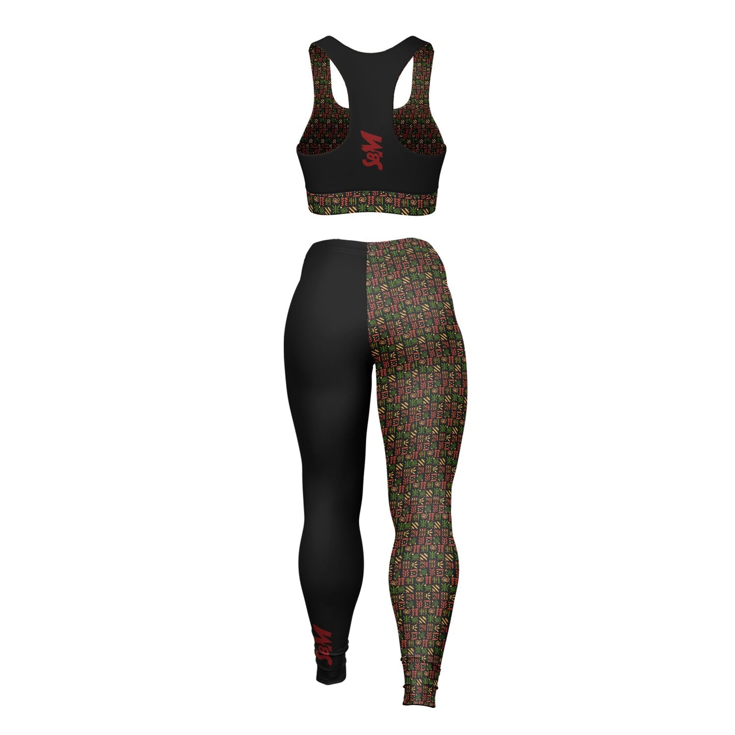 Padded Sports Bra & Leggings - Black & Red African Print