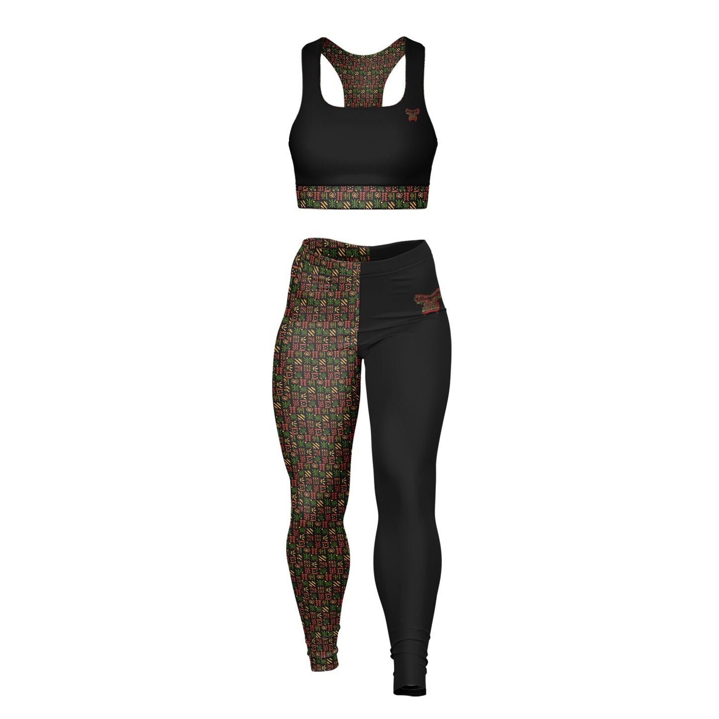 Padded Sports Bra & Leggings - Black & Red African Print