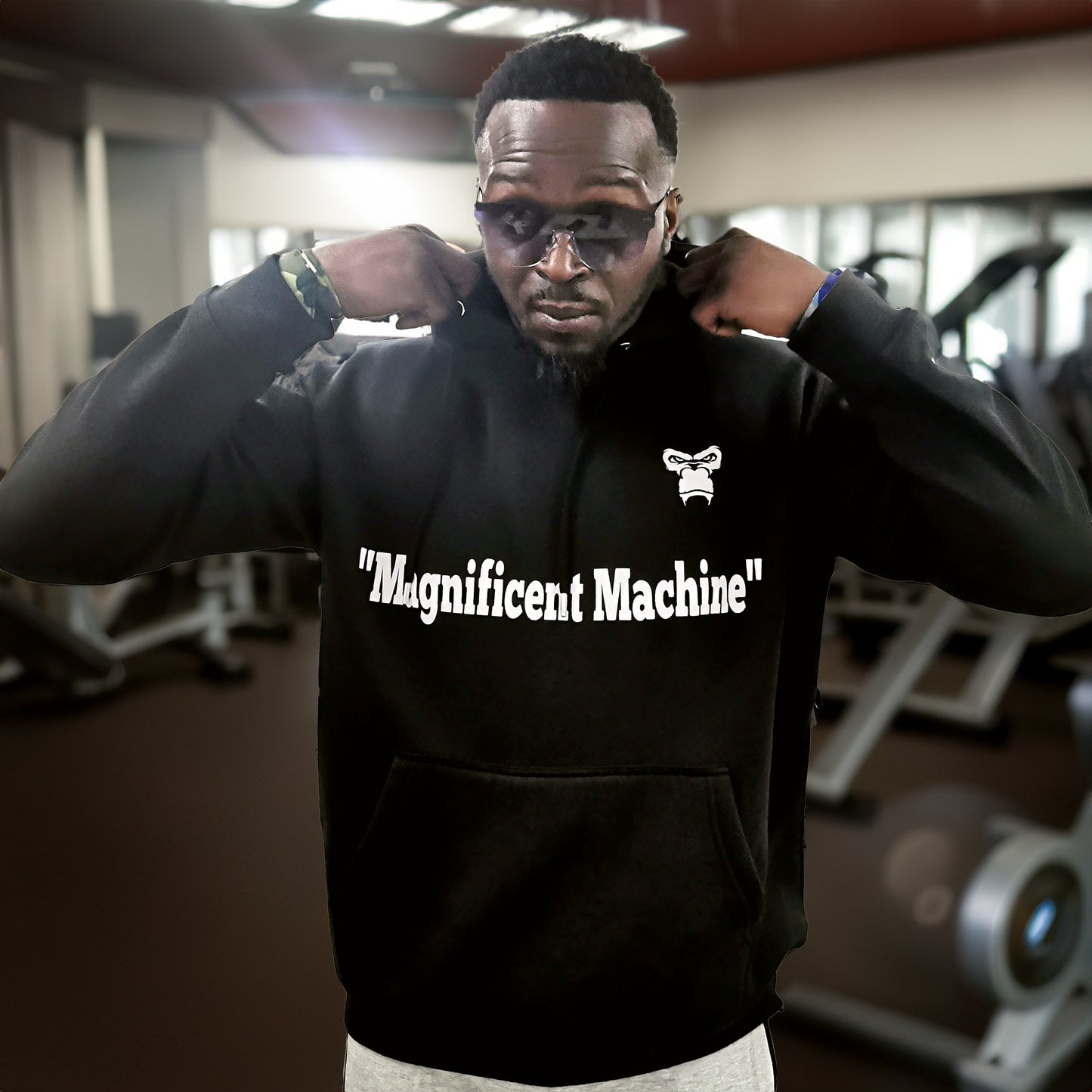 "Magnificent Machine"Fleece Pullover Hoodie - Dark Charcoal/White