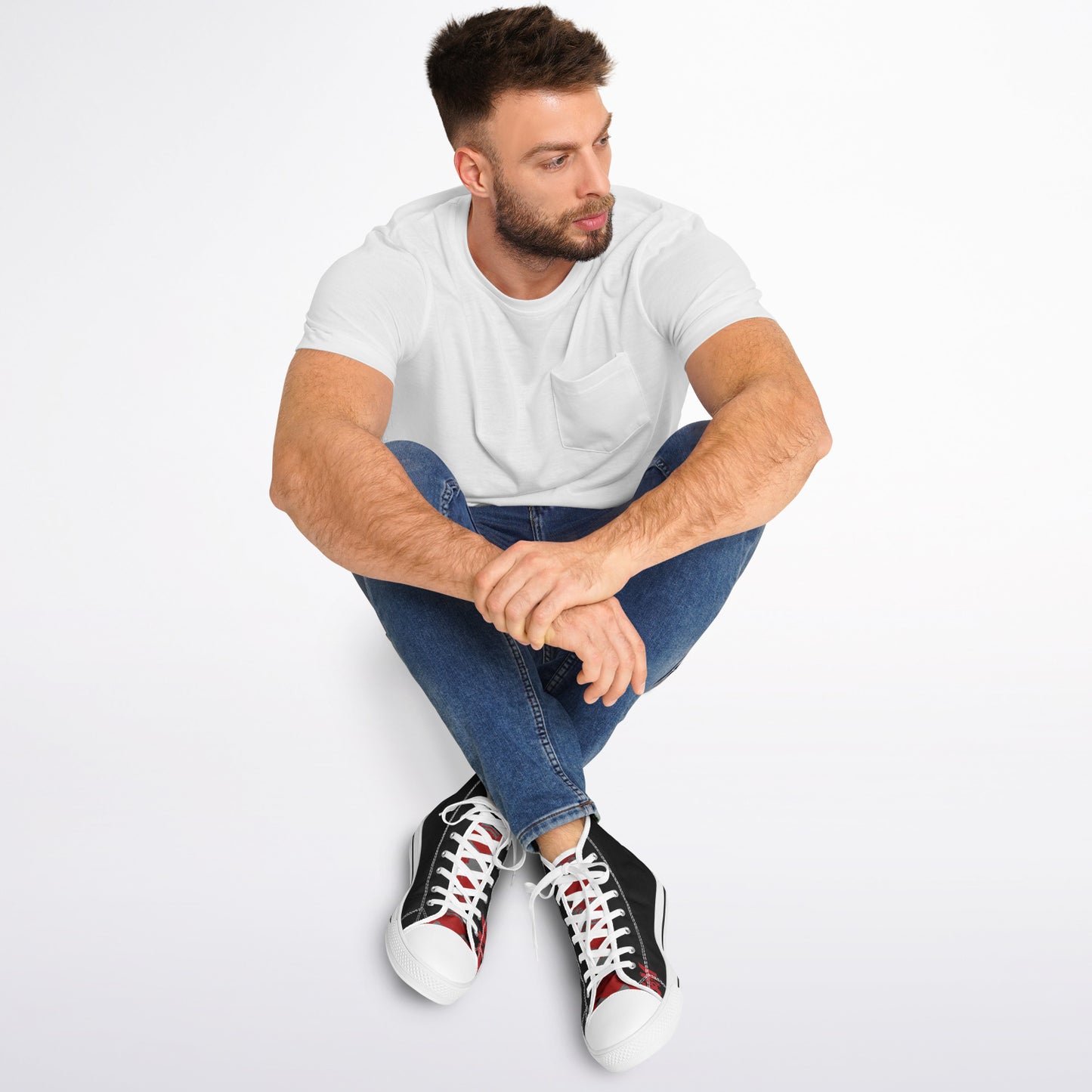 High Top Shoes - White on Black - Grey & Red