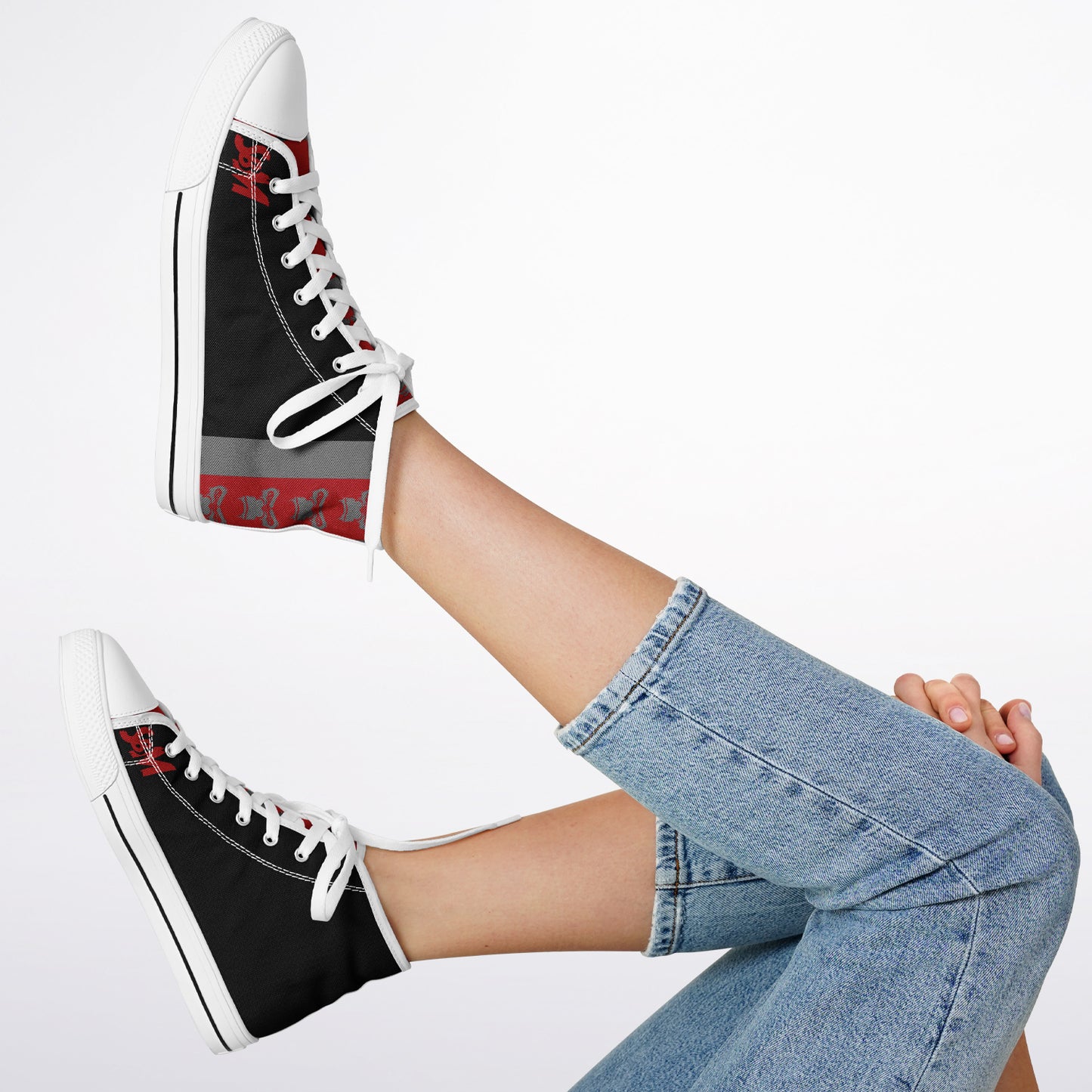 High Top Shoes - White on Black - Grey & Red