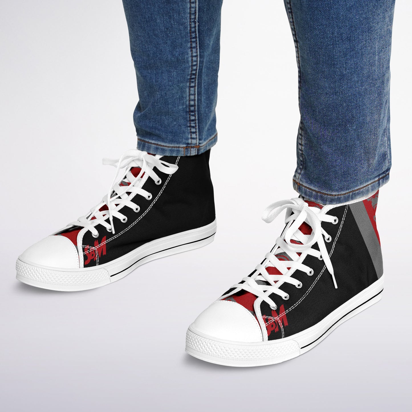 High Top Shoes - White on Black - Grey & Red