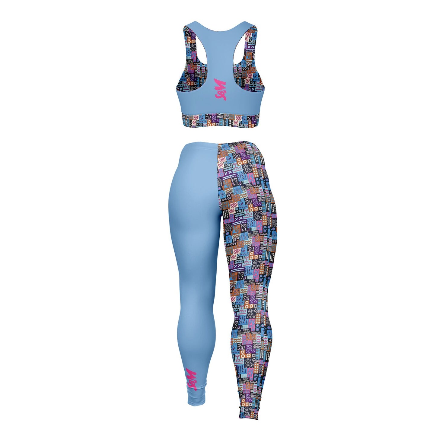 Padded Sports Bra & Leggings - Blue & Pink African Print