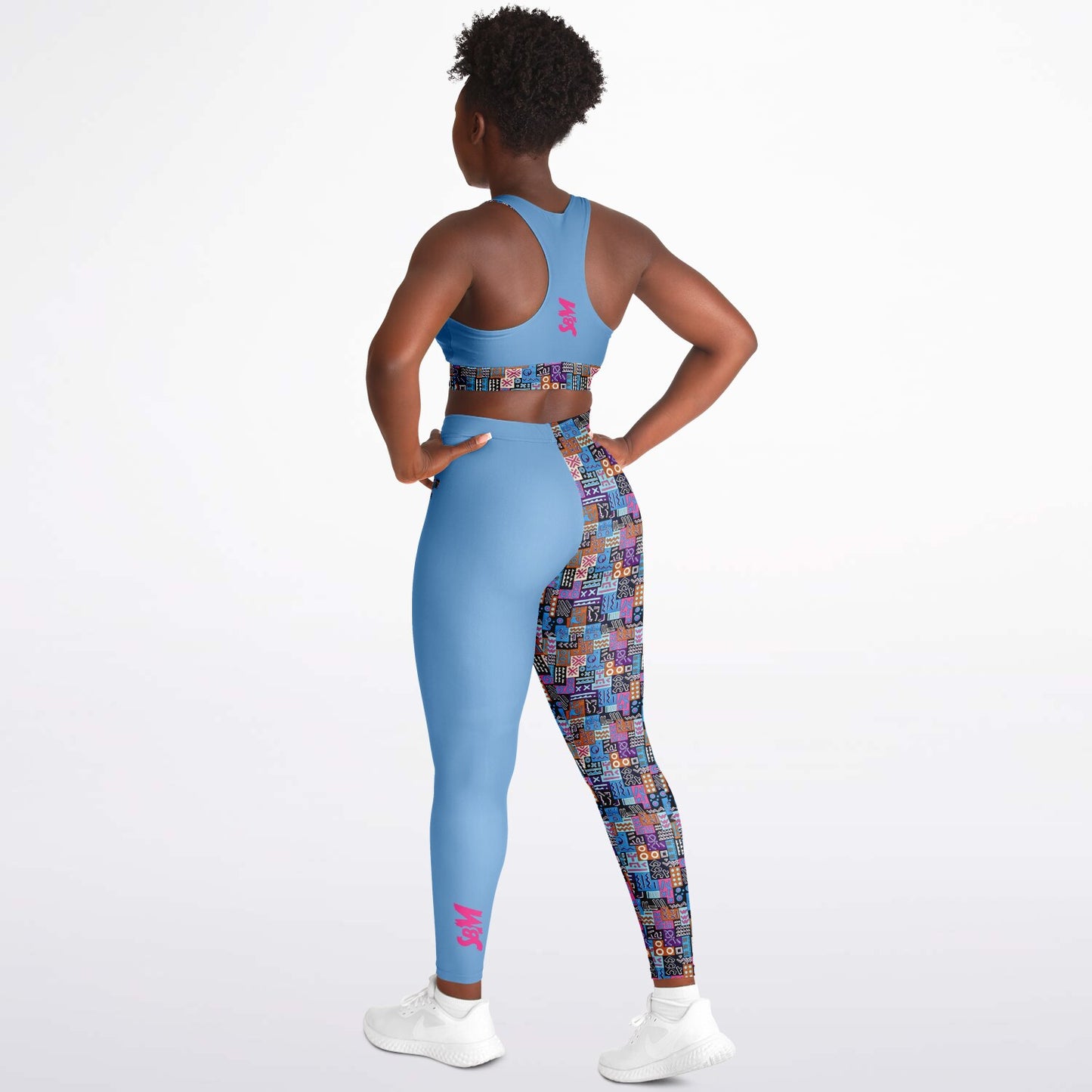 Padded Sports Bra & Leggings - Blue & Pink African Print