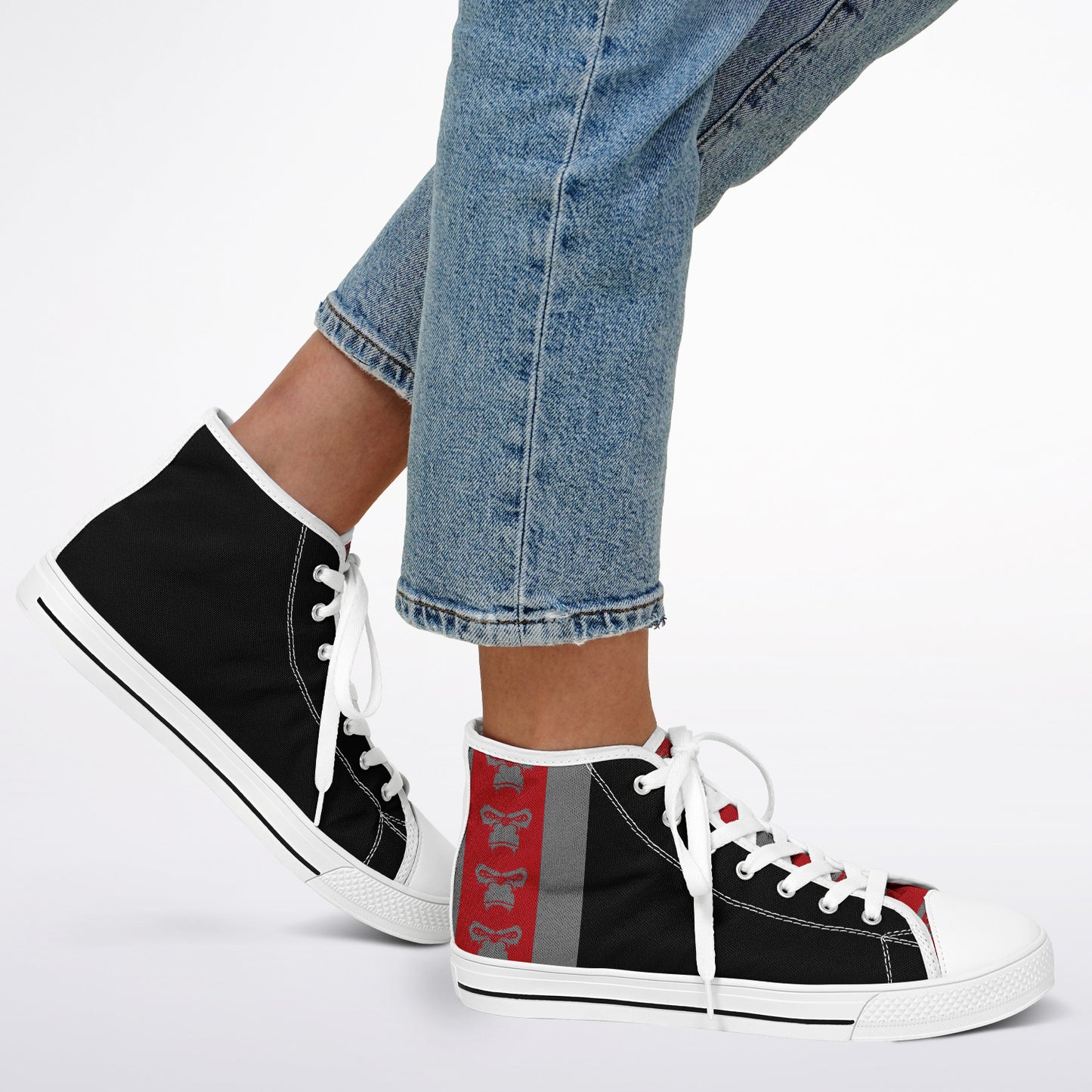 High Top Shoes - White on Black - Grey & Red