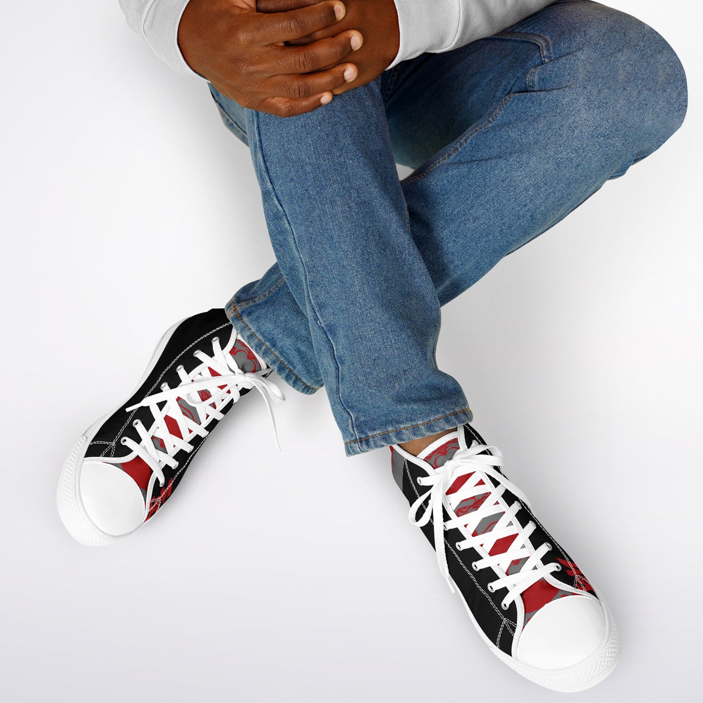 High Top Shoes - White on Black - Grey & Red