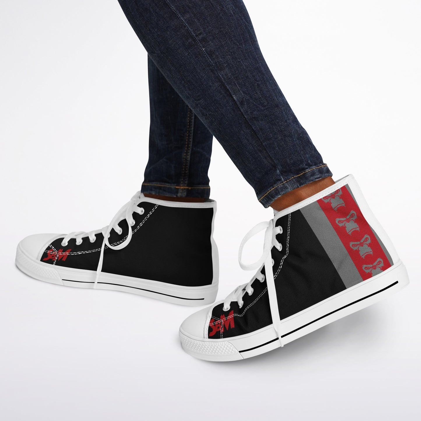 High Top Shoes - White on Black - Grey & Red