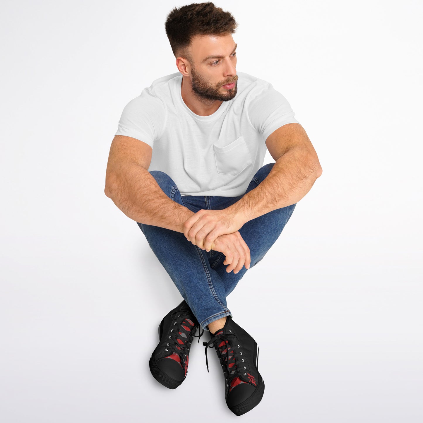 High Top Shoes - Black on Black - Grey & Red